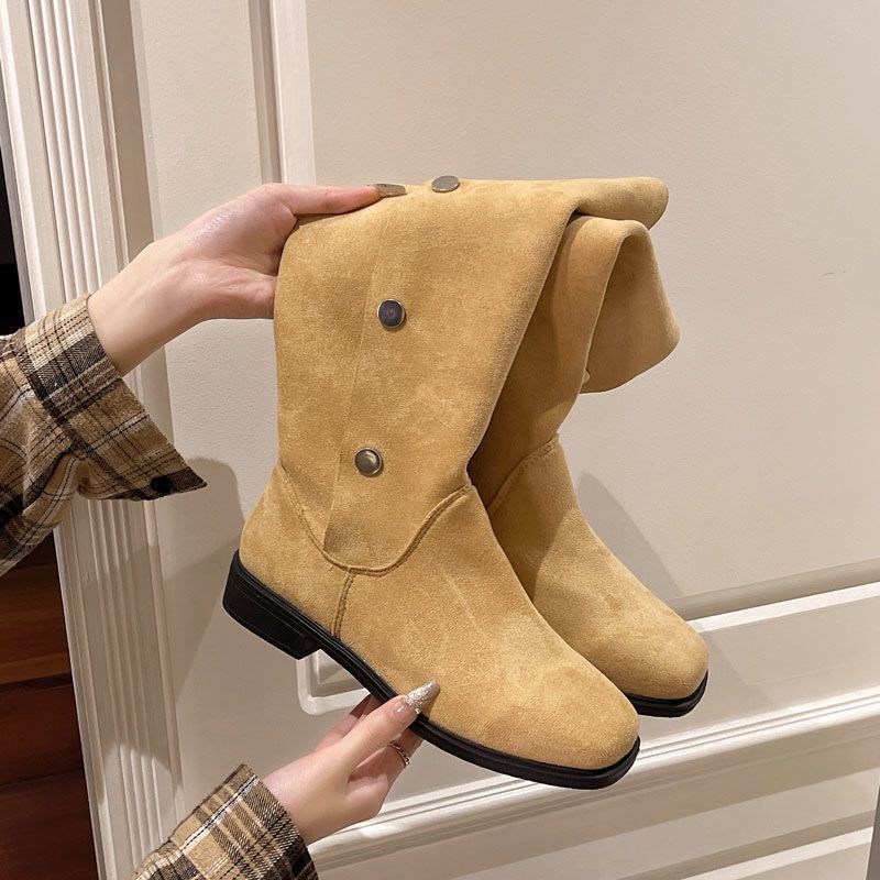 2025 autumn and winter new foot boots non-slip thick heel temperament but knee boots solid color thin boots Martin boots