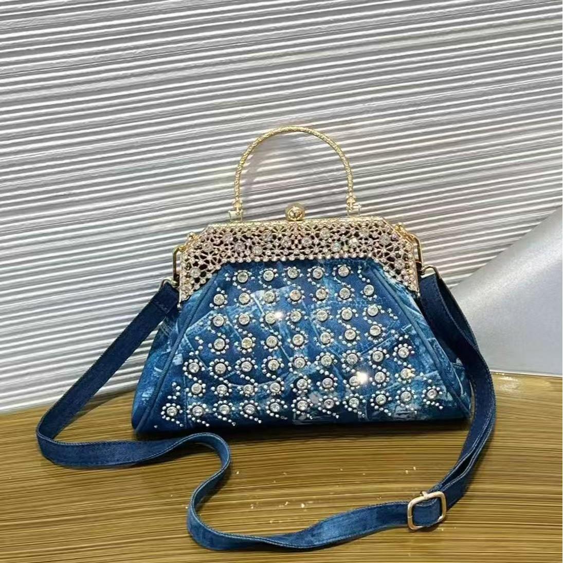 

2025 Новая женская банкетная сумка-клатч со стразами, элегантная женская сумка через плечо с тяжелой индустрией синий