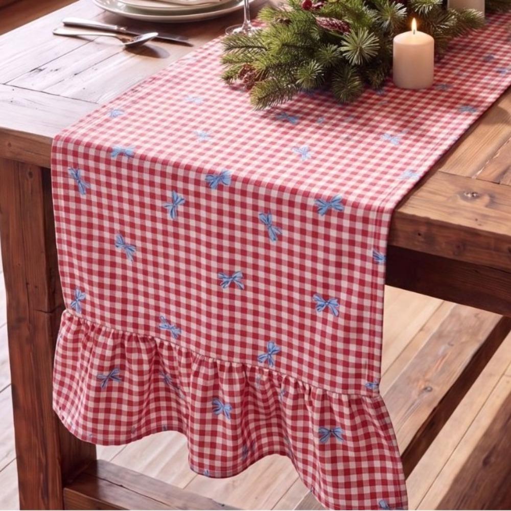 Double Ended Lotus Leaf Edge Christmas Table Runner Washable Rustic Style Ruffle Edge Table Flag Vintage Checkered