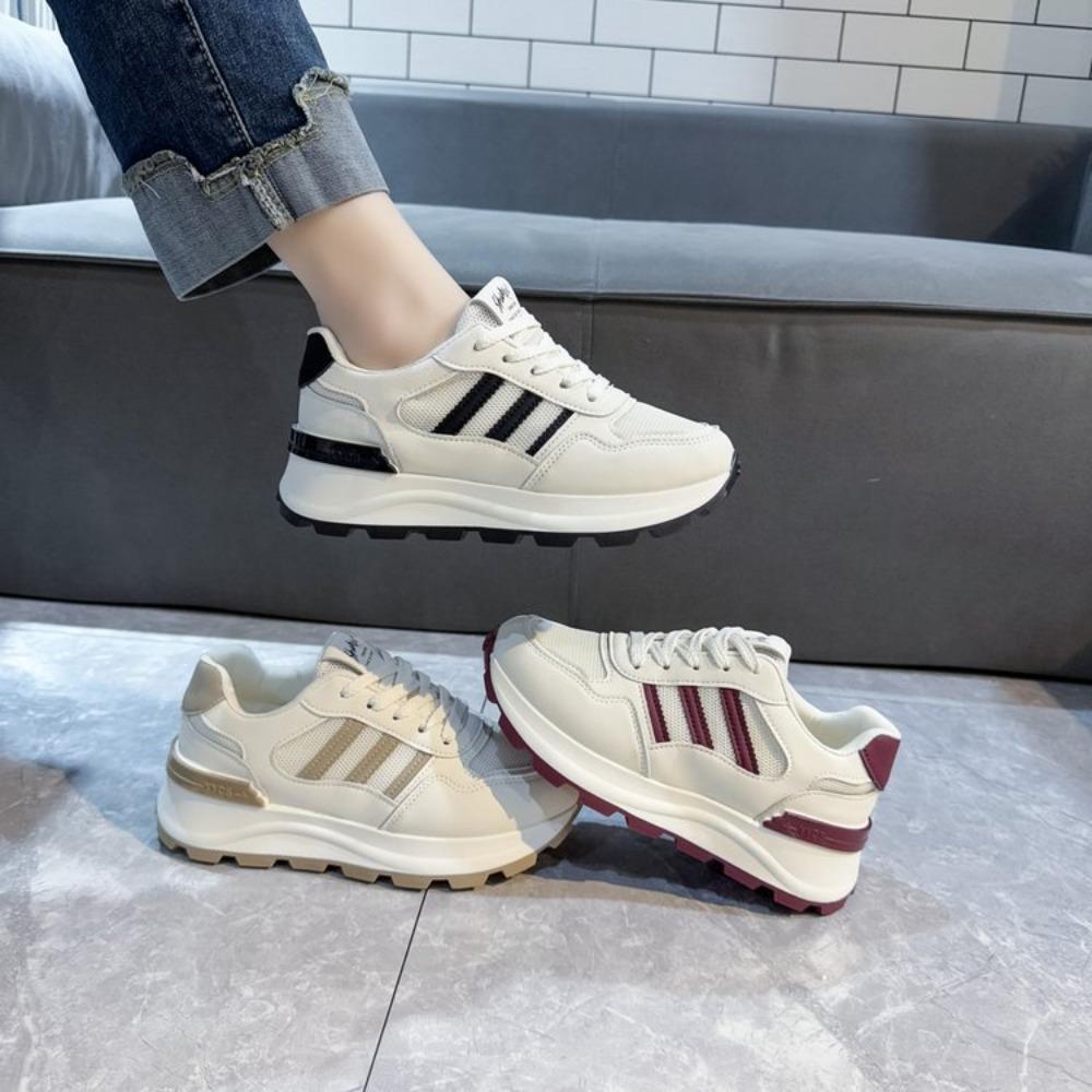 Thick Sole 2025 New Summer Autumn Women's Casual Board Shoes Spliced Sports Leather Surface Student Shoes