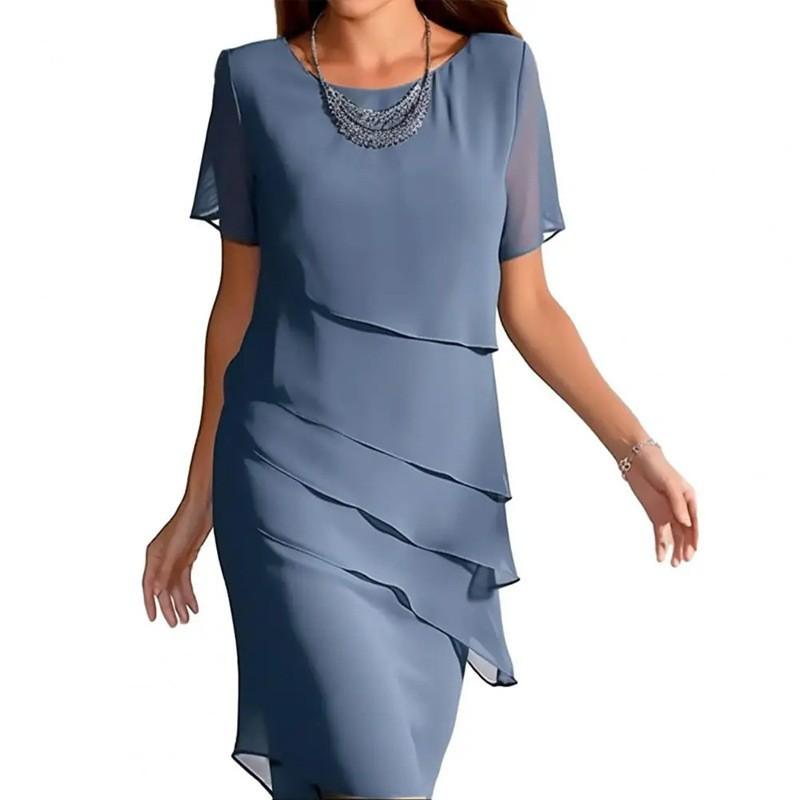 Summer Slim Fit Maxi Dress Color Block Chiffon Round Neck Short Sleeve Women S
