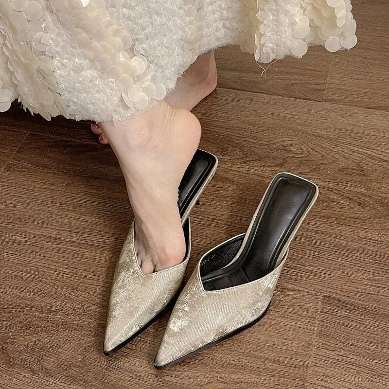 Fashion 2025 New Thin Pointed Thin Heel V-mouth High Heel Temperament Bao Head Half Slippers Women Wear