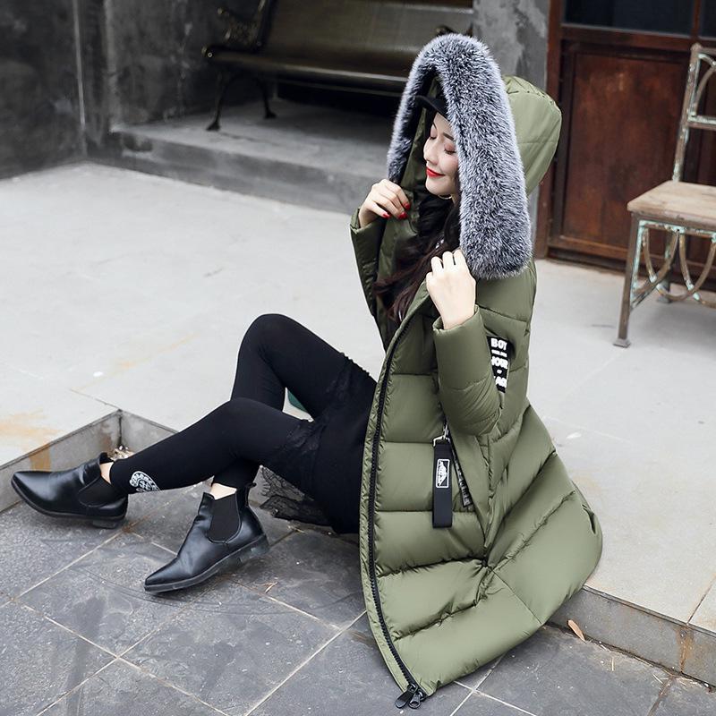 Winter new cotton-padded clothes women's thickened down cotton-padded clothes over the knee medium and long large fur collar hooded cotton-padd