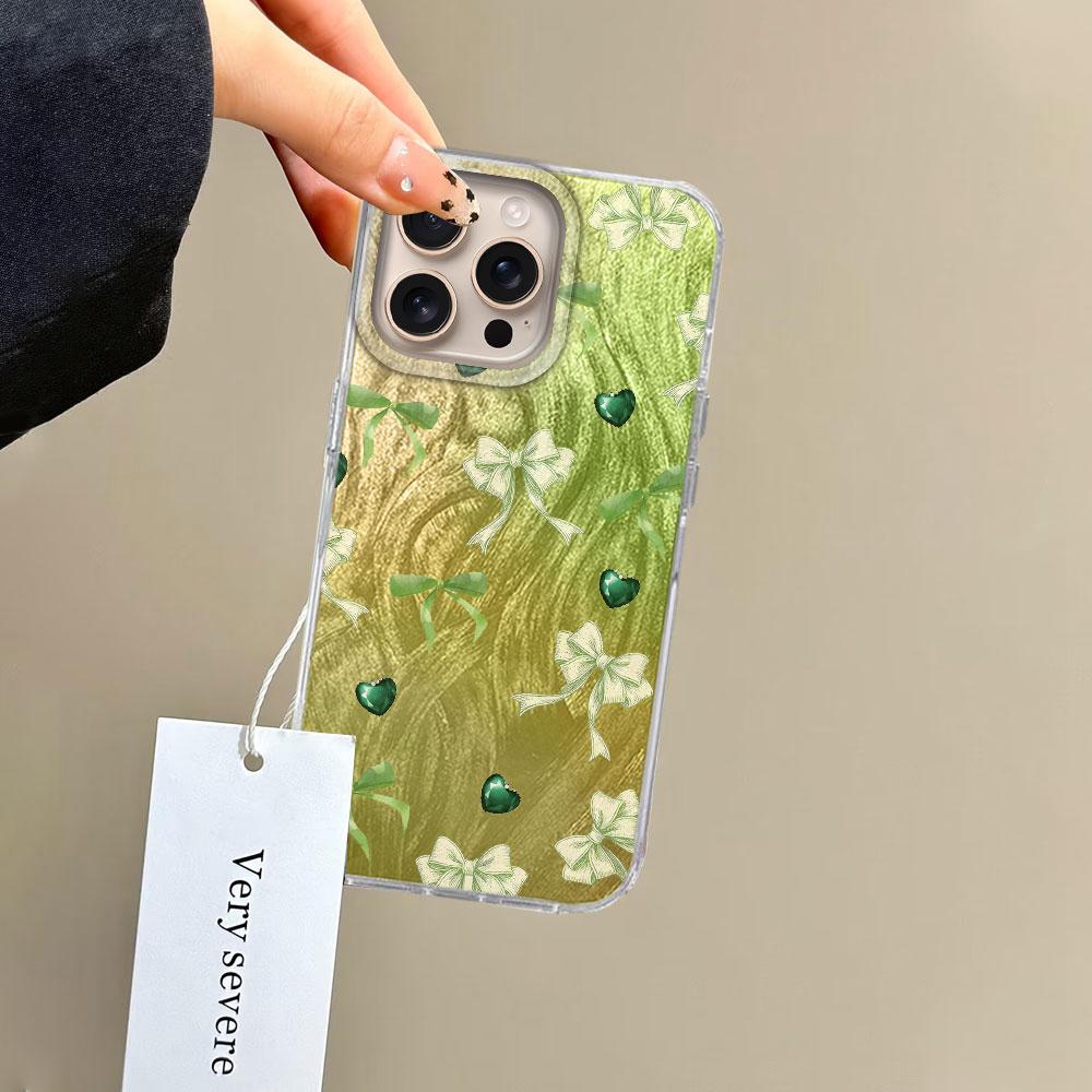 Blue Bow Green Heart Love Phone Cases For Apple Iphone 16 15 14 13 Pro Max 7 16e 16plus Back Shell Silicone Couple Fundas Cover