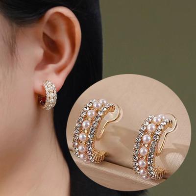 Boucles d'oreilles de luxe exquises vintage en strass doré imitation perle pour femmes sans clips d'oreille percés
