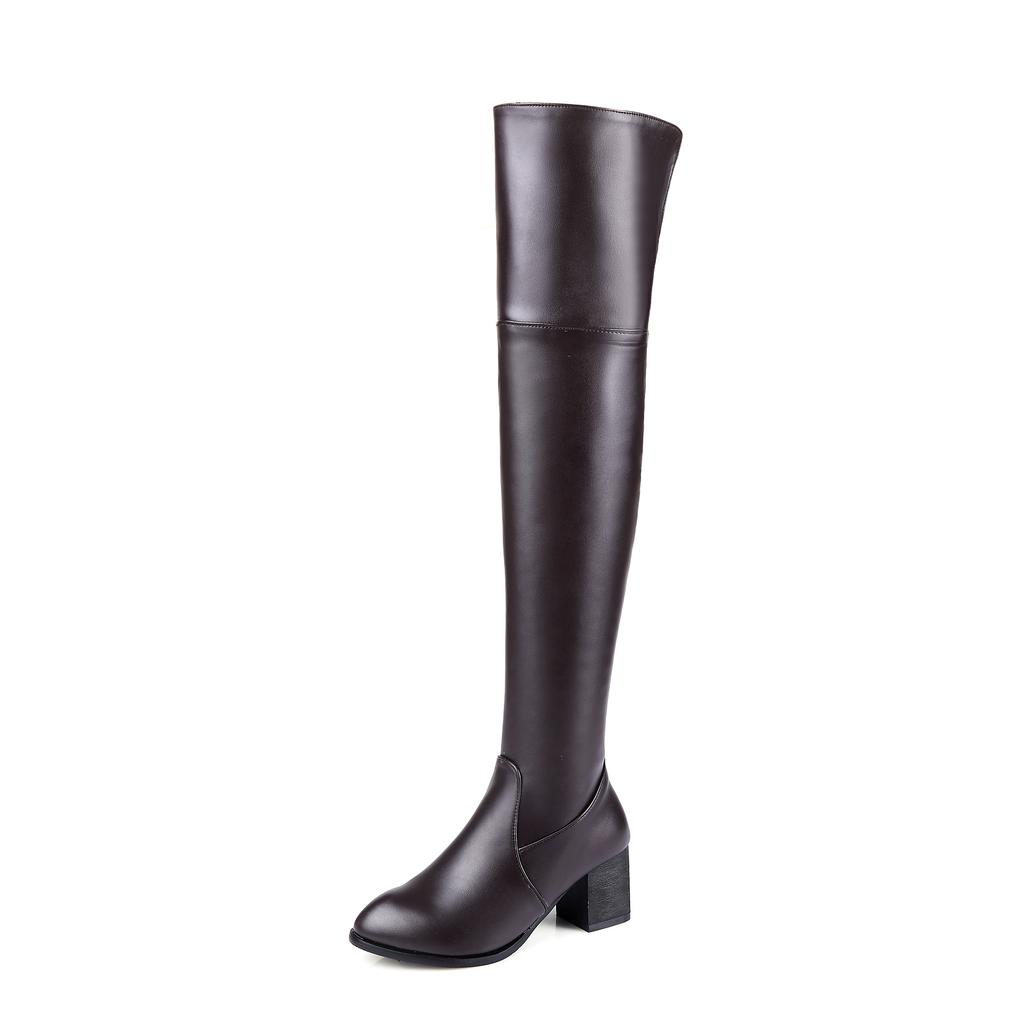 2025 Pure Color Elastic Pu Knee Boots Plus Size Round Toe Thick Heel Side Zipper Warm Inner Sleeve Slip On Long Women's Boots