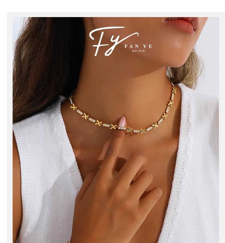 Luxurious X-Shaped Rhinestone Necklace & Full Diamond Stainless Steel Bracelet Set for Women