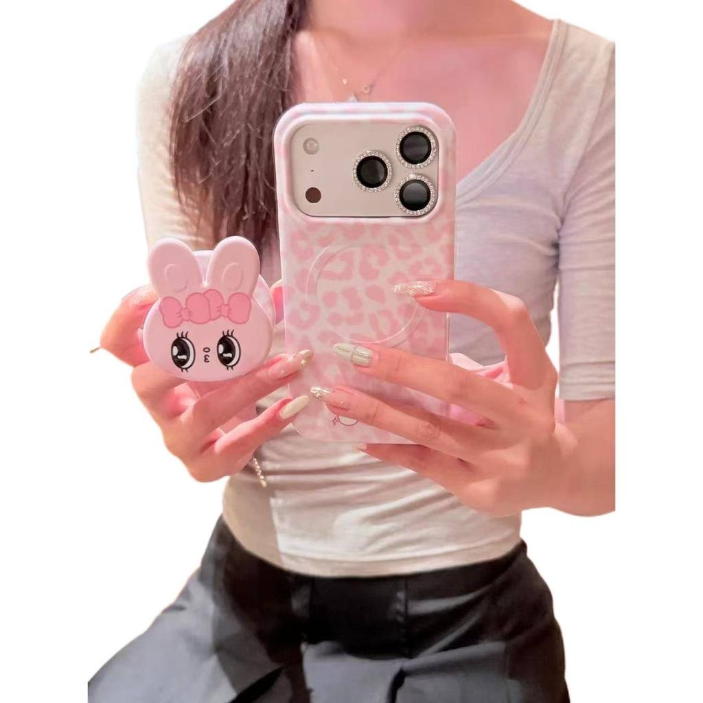 Ins Magnetic Attraction Cute Pink Leopard Print Rabbit Is Suitable for Apple 17promax Mobile Phone Case 16pro/15 Bracket.