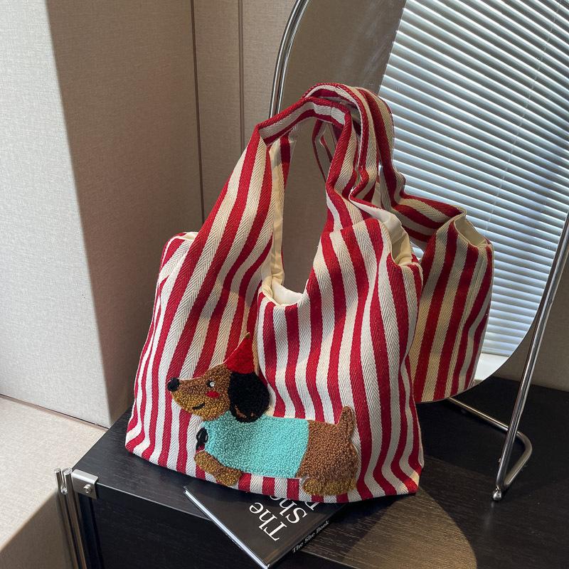 Cute Cartoon Embroidered Puppy Shoulder Bag Fashion Striped Canvas Hand-Held Underarm Bag Large Capacity Commuter Tote Bag