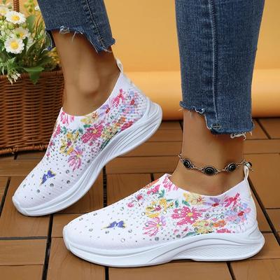 Baskets tricotées à imprimé floral pour femmes, chaussures de marche respirantes en cristal brillant, grande taille 43, chaussures décontractées antidérapantes pour dames