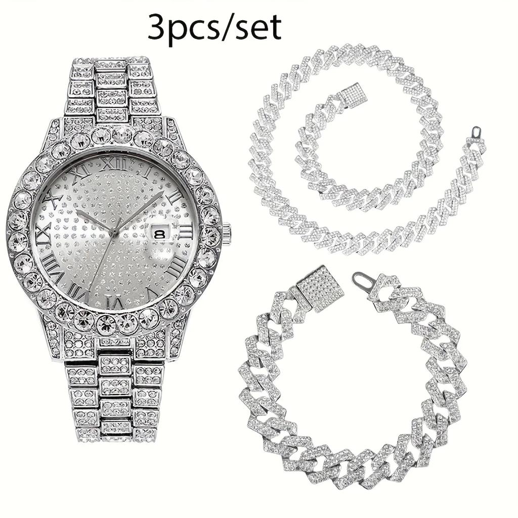 3pcs/set 15mm Necklace+Bracelet+Watch Cuban Chain Watch Hip Hop Miami Curb Iced Out Paved Rhinestone Rapper Cuban Men Jewelry
