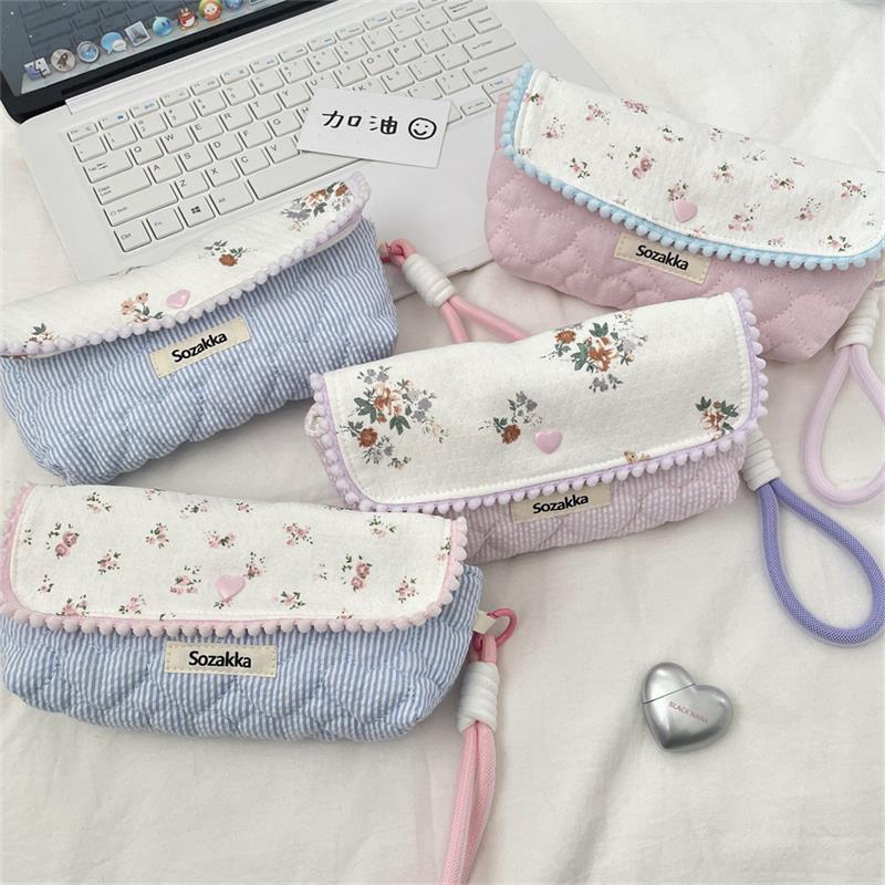 Sweet Floral Pencil Case With Lanyard Handbag Girly Cosmetic Bag Large Capacity Portable Storage Bag Student Stationery Bag Gift