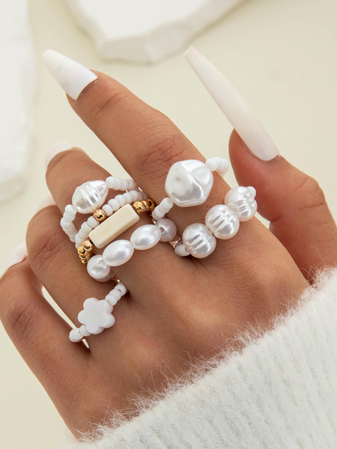 

7 шт. Изысканные романтические кольца с имитацией цветка Wirte, нерегулярные жемчужные кольца, комплект ювелирных изделий для женщин и девочек, кольца в минималистском стиле