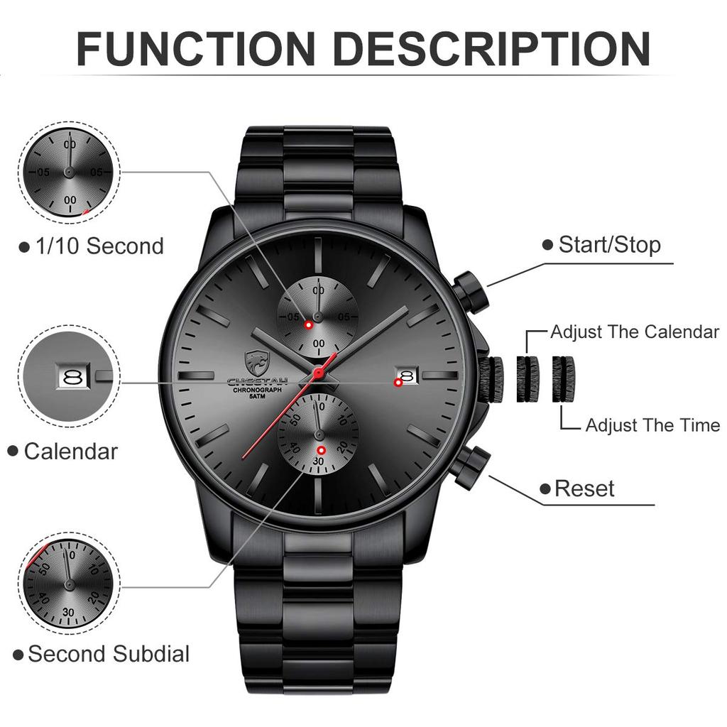 GOLDEN HOUR Fashion Business Watch Stainless Steel Waterproof Chronograph Quartz Watch Automatic Quartz Chronograph Men's Date, Black, 1.65 Inch,