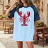 Women's Casual Denim Patchwork Short Sleeve T-Shirt Loose Fit Crew Neck Summer Spring Fashion Top Lobster Print