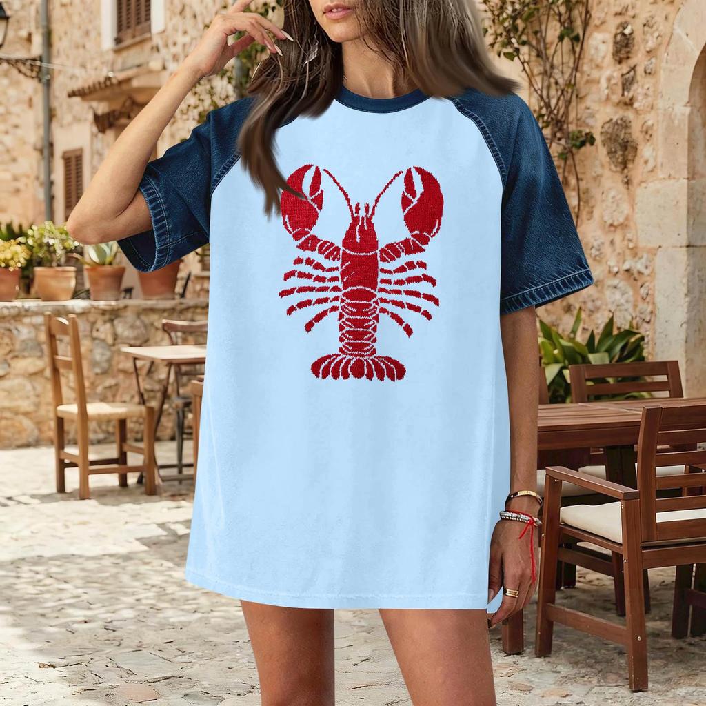 Women's Casual Denim Patchwork Short Sleeve T-Shirt Loose Fit Crew Neck Summer Spring Fashion Top Lobster Print