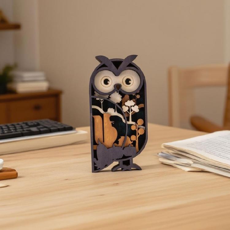 Figurine Hibou Sculpture sur Bois Multicouche Miniature Ornement Artisanat Fait Main Pour Étagères de Livres Arrangement Décoratif de Bureau