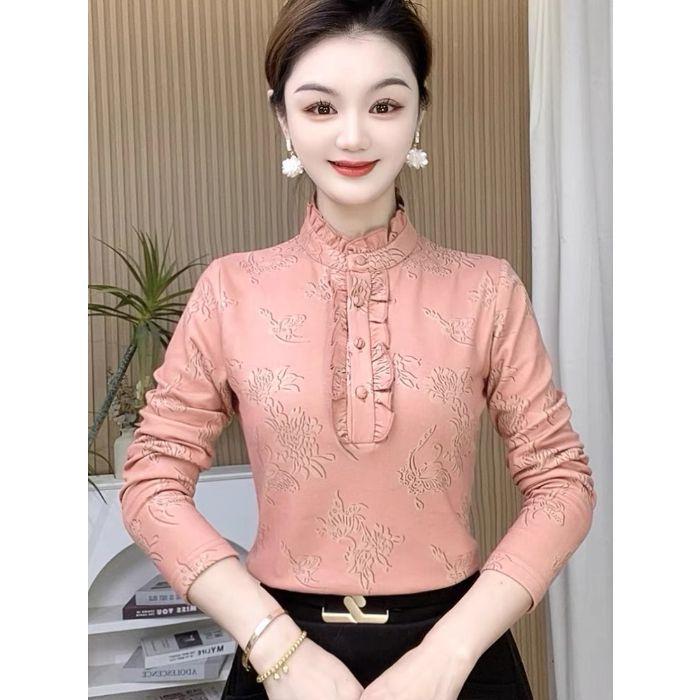 

2025 Зимний флисовый базовый слой с высоким воротом: Универсальная блузка для похудения для мам XL розовый