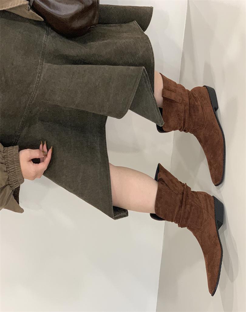 

White high-heeled short boots women s boots autumn and winter new retro suede versatile pleated thin boots thick-heeled Martin boots 39 темно-коричневого