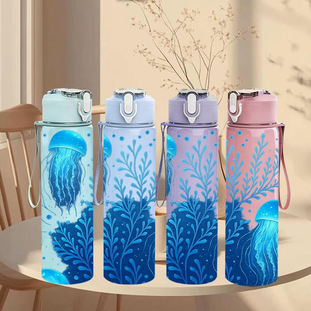 1PC Blue Jellyfish Coral Ocean Scene Print 750ml Color Plastic Sports Water Bottle Leakproof Flip Straw Lid Suitable for Sports Office Home Use