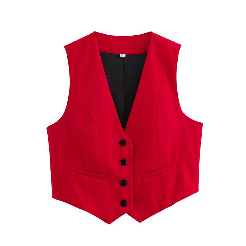 Spring and Summer New Women's Clothing Minimalist Style V Neck Sleeveless Decorated Row Button Short Candy Color Vest Jacket 2347888