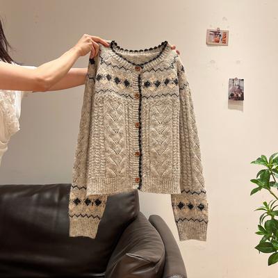 Vintage Fair Island Jacquard Design Sweater Jacket Women's Autumn and Winter Single-breasted Lazy Wind Loose Top
