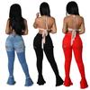 Pantaloni di Jeans a Zampa Vita Media Retro Strappati con Occhielli e Fasce Europei & Americani