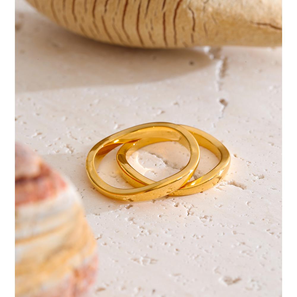 Yhpup 2PC Stainless Steel Smooth Metal Round Stacking Ring 18K Gold Color PVD Plated Simple Casual Finger Jewelry