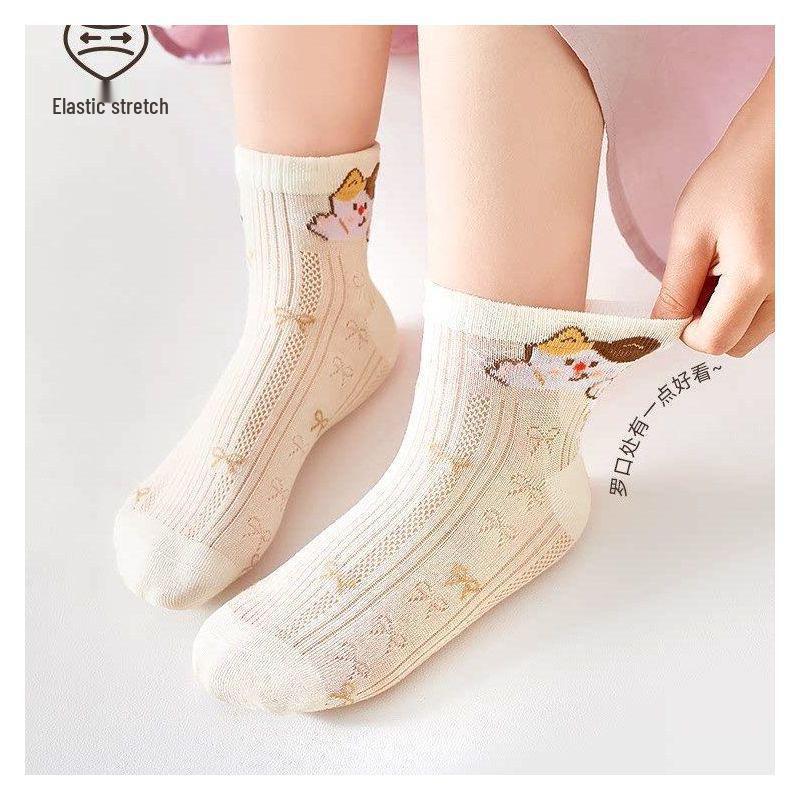 Girls' Summer Silk Mid-Calf Cartoon Mesh Socks - Breathable and Thin Cotton