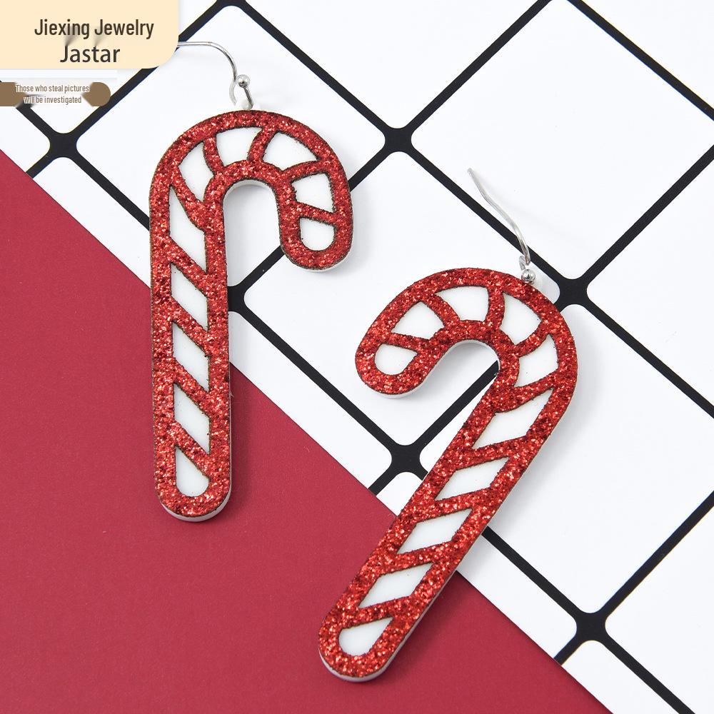 Red Acrylic Candy Cane Earrings - Simple Geometric Christmas Decorations for Women