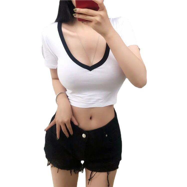 New Slim-fit Short T-shirt Women's Summer Top Open-button Short-sleeved High-waisted Chicken Heart V-neck Slim-fit Low-necked Student