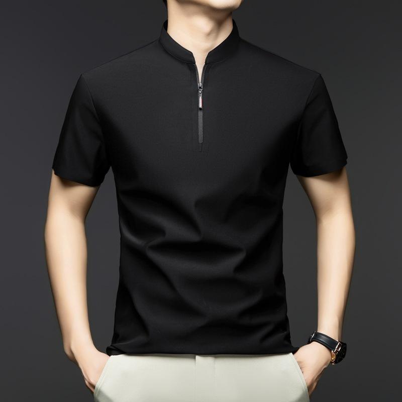 Men's Casual Fashion Solid Color Short Sleeved Polo Shirt Stand Up Collar Versatile Comfortable Top