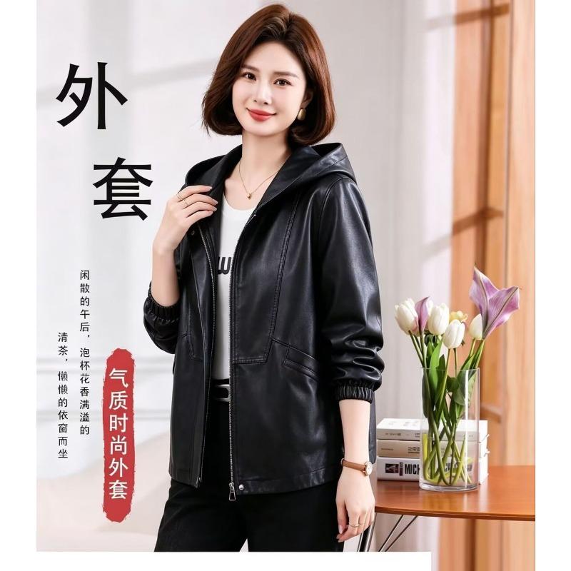 Women's Black Hooded Faux Leather Jacket Loose Fit Long Sleeve Casual Short Outerwear