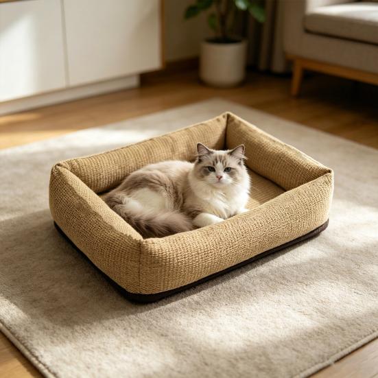 Jute Cat Bed 2-in-1 Cat Bed And Scratching Pad Breathable Pet Lounger Bed with Raised Edges Anti-Slip Bottom for Cats Small Dogs All Seasons