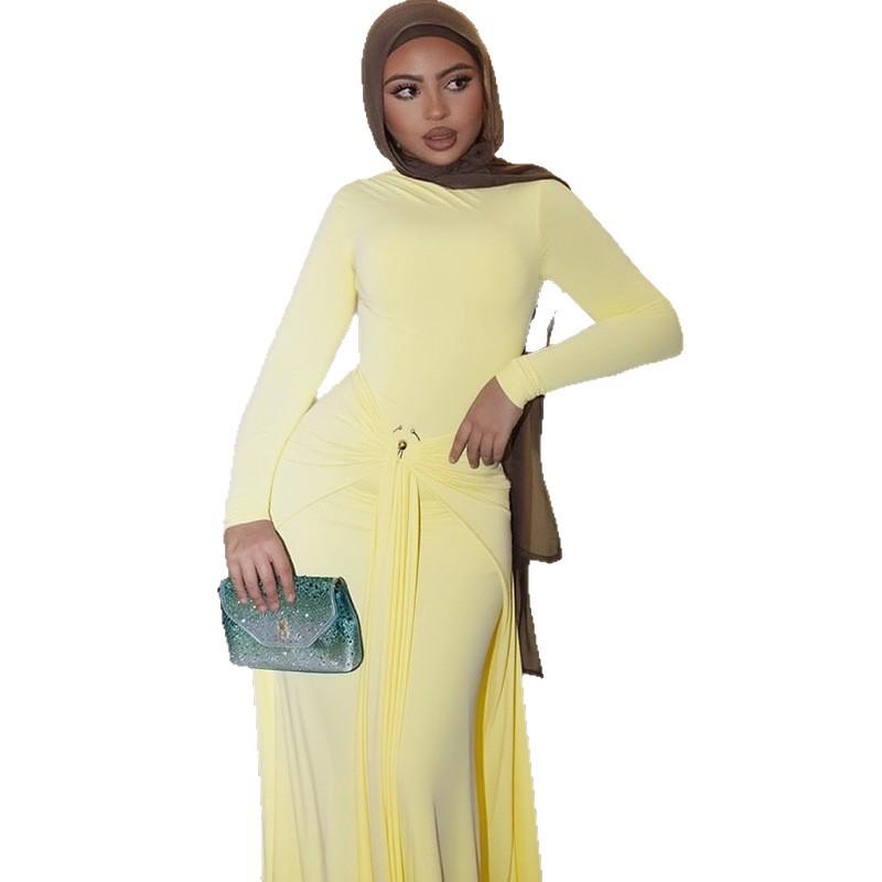 2025 Autumn/Winter European & American Style Solid Color Dress with Decorative Ring Buckle and Tie-Up Design