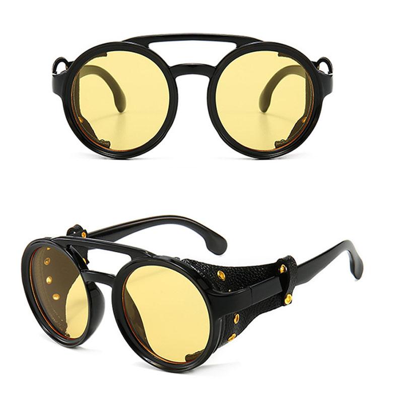 

Steampunk Sun Glasses Men Women Classic Sun Glasses With Side Leather Round Shape Eye Wears Punk UV400 Protection Lens