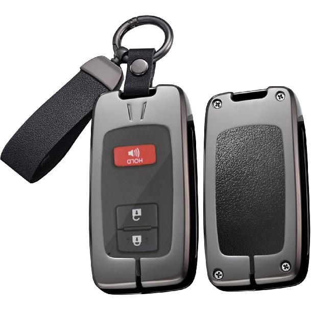 SANRILY Metal Leather 2/3/4 Button Smart Key Fob Cover for Toyota Tacoma 2023 2022 Avalon Camry Corolla RAV4 Highlander Sequoia 2021 Tundra 4Runner