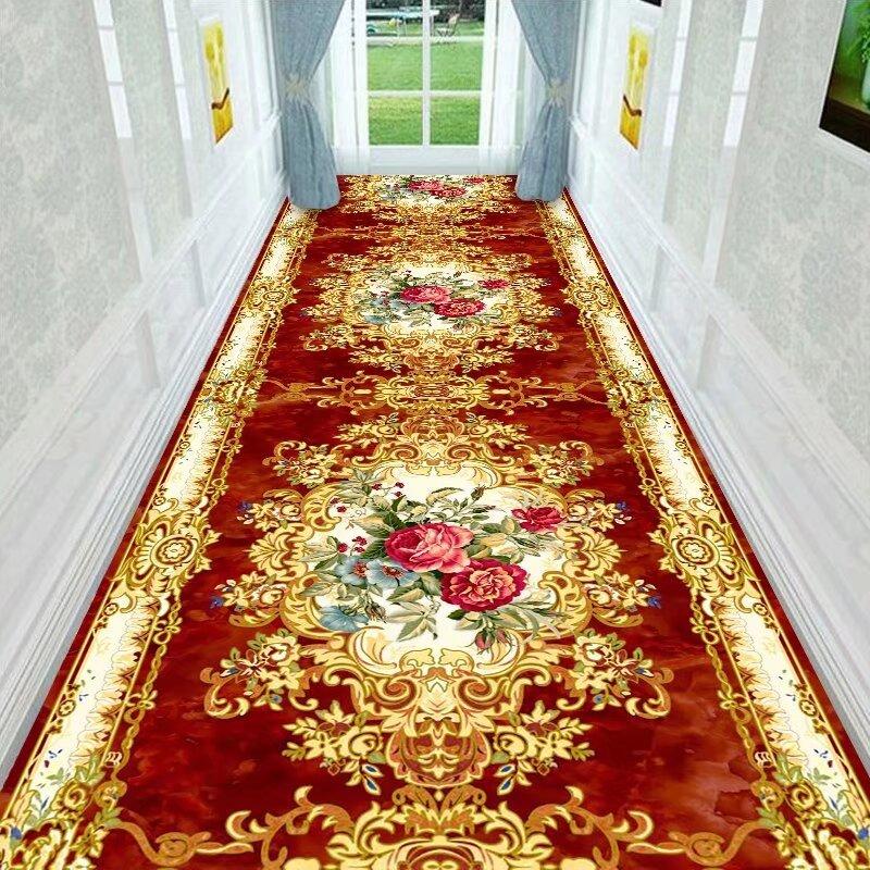 Red European Luxury Easy Clean Long Corridor Carpet Non-slip Lint-free Classical Hallway Rug Wedding Soft Passageway Floor Mat