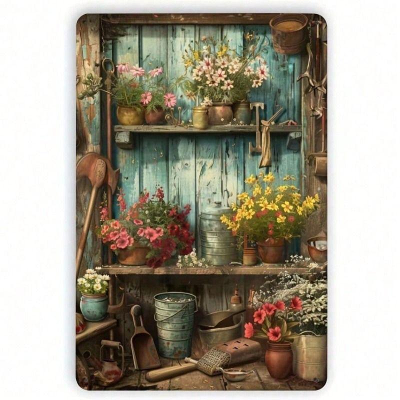 

Vintage Garden Metal Wall Poster 8x12 Inch Rust Floral Tools Garage Decor
