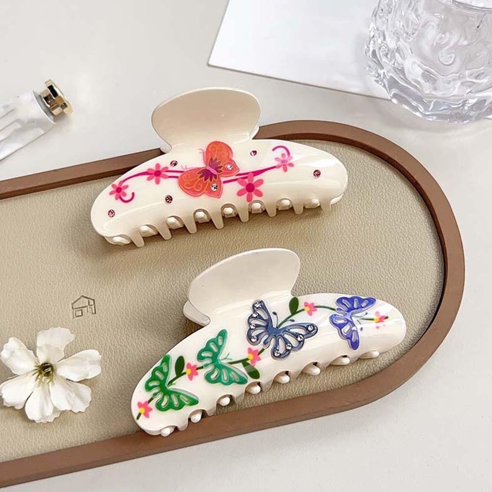 Iridescent Women Shark Clip Flower Acrylic Hair Claw Creative Rhinestone-inlay Hair Claw  Girls