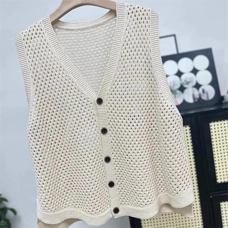Knitted Vest Coat Women Spring Autumn Hollow Sweater Sleeveless Jacket Ladies Loose Large Size Cardigan Waistcoat Top