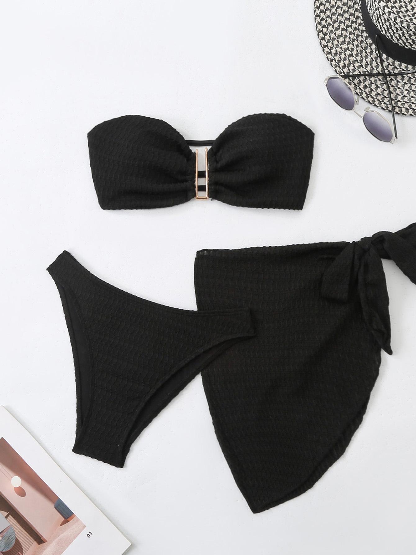 

Европейский и американский купальник-халтер: Однотонный купальник-тройка XL чёрный