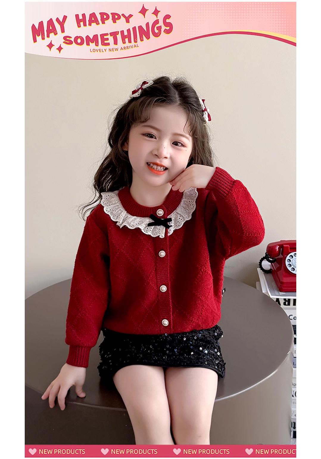 Korean-Style Red Knit Cardigan Sweater for Girls - 2026 New Year Outfit 80 cm