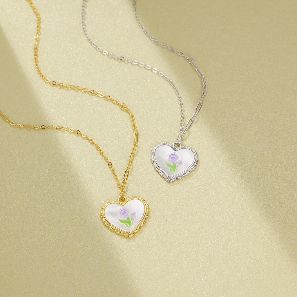 S925 Silver Tulip Necklace Epoxy Natural Fritillary Love Pendant Sweet Small Fresh Clavicle Chain Jewelry