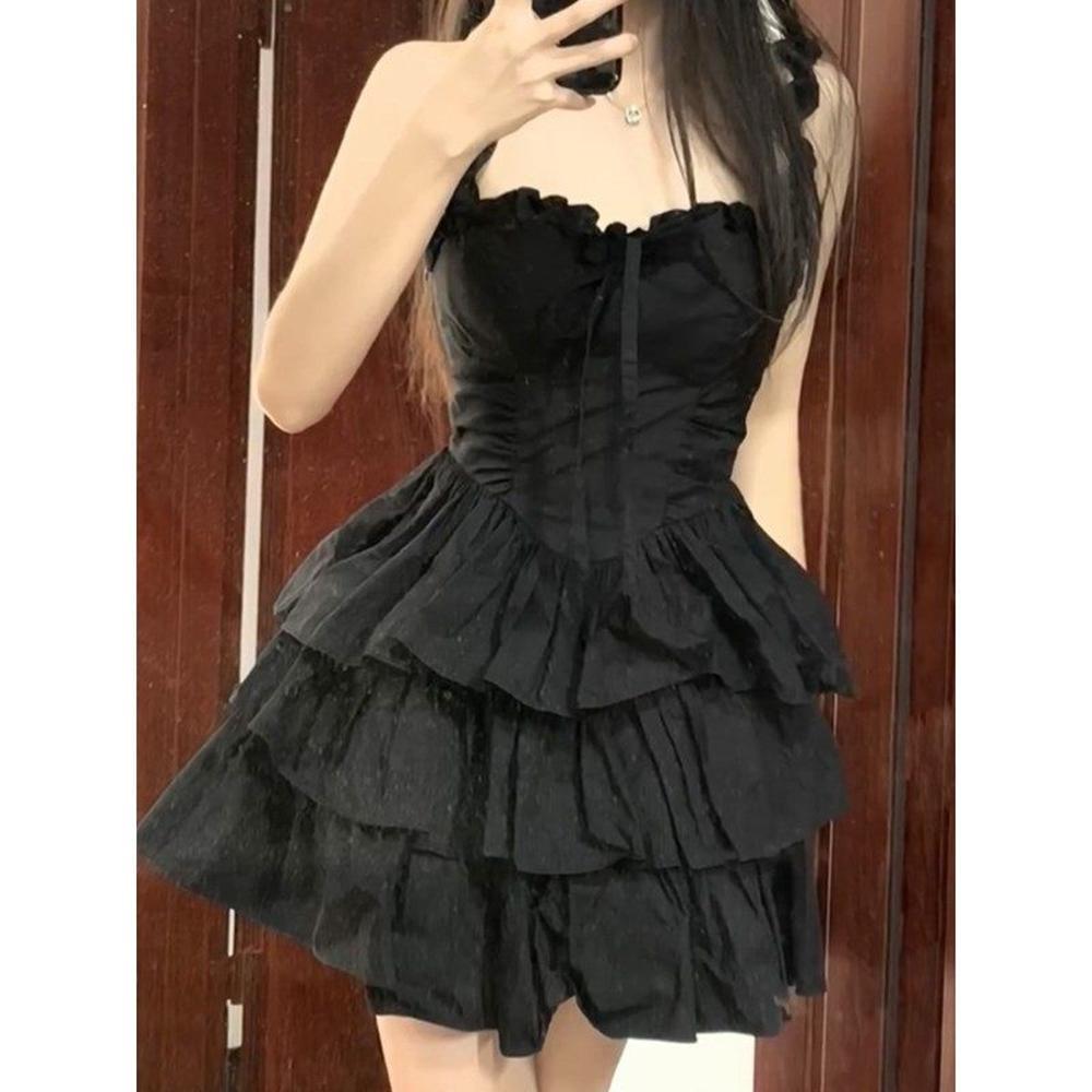 Ballet Waist Suspender Dress Women's Summer Casual Black Short Small Princess Fluffy Cake Dress