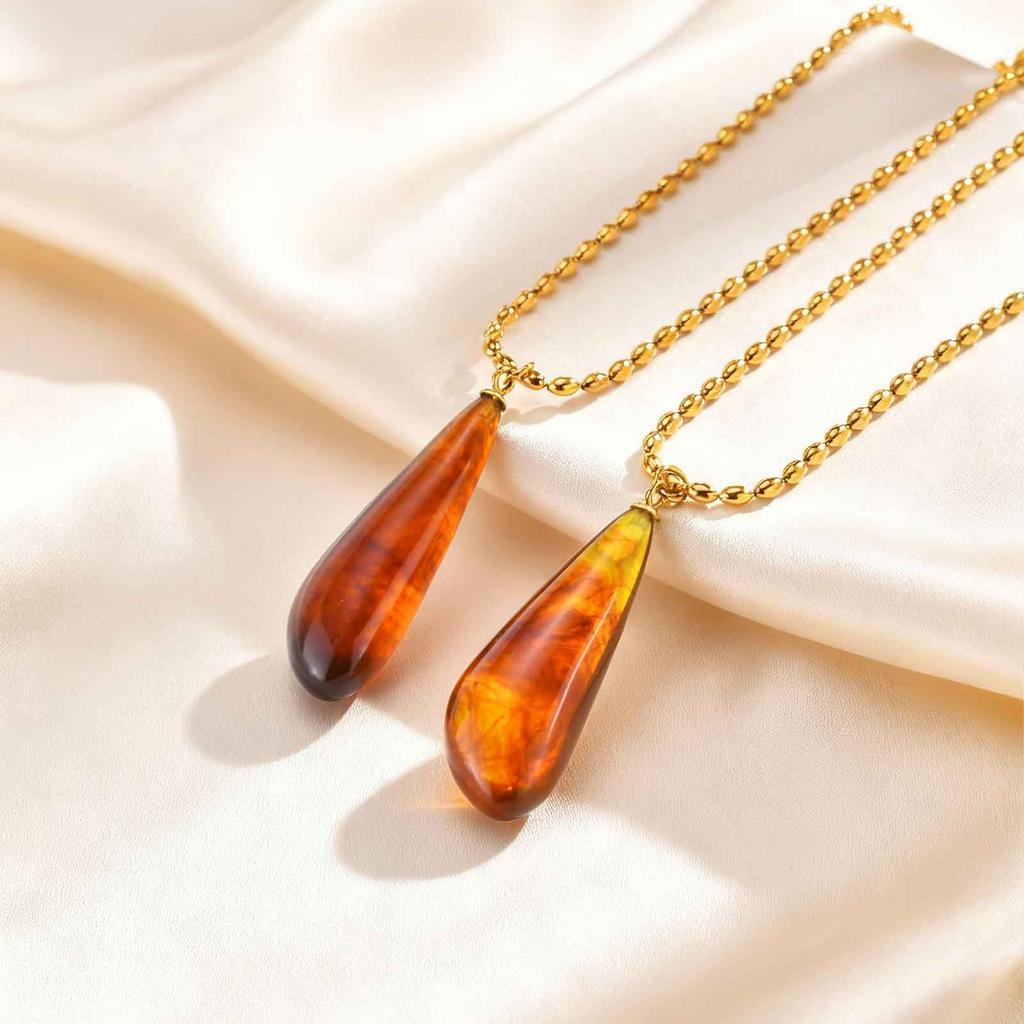 Fashion Vintage Resin Water-drop Shaped Pendant Stainless Steel Rice Beads Chain Necklace for Women Luxury Jewelry Daily&Party