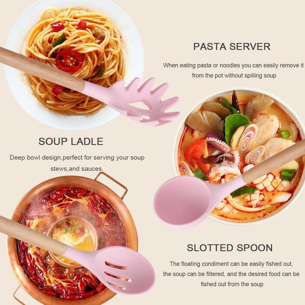 Silicone Cooking Utensils Kitchen Utensil Set, 12 PCS Wooden Handle Nontoxic BPA Free Silicone Spoon Spatula Turner Tongs Kitchen Gadgets Utensil Set