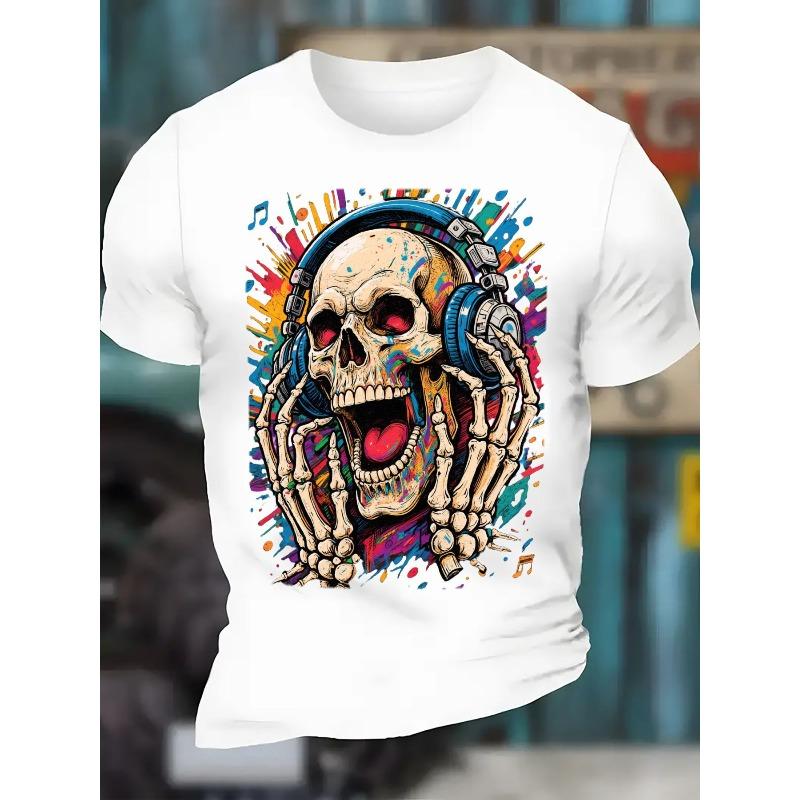 European Sizes Graffiti Skull Headphones Graphic T-Shirt - Vibrant Abstract Art Print Crew Neck  Tee, Soft & Breathable Casual Wear, Music Lover Gift