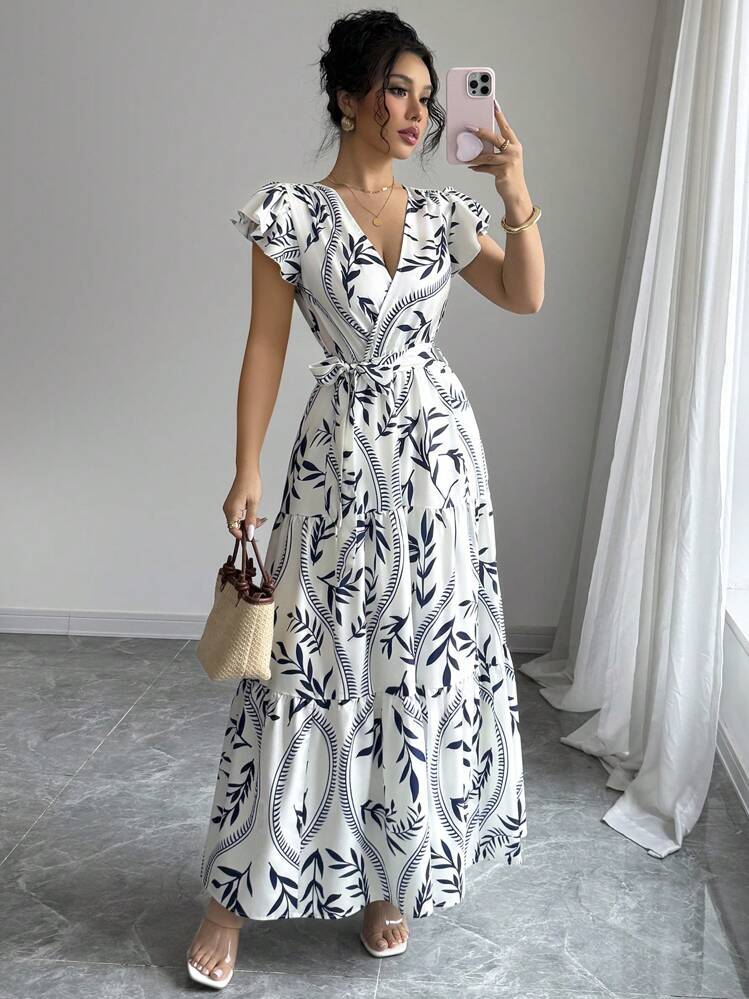 2025 summer new fashion women s V-neck lace-up printed dress S