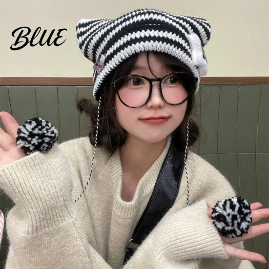 Striped Design Winter Knitted Knitting Ear Hat Style Cat Beanie Japanese Star Print Autumn Plush